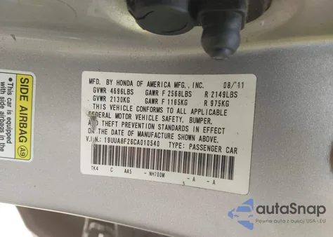 2012 Acura Tl 3.5 z USA, uszkodzony, nr VIN 19UUA8F26CA010540